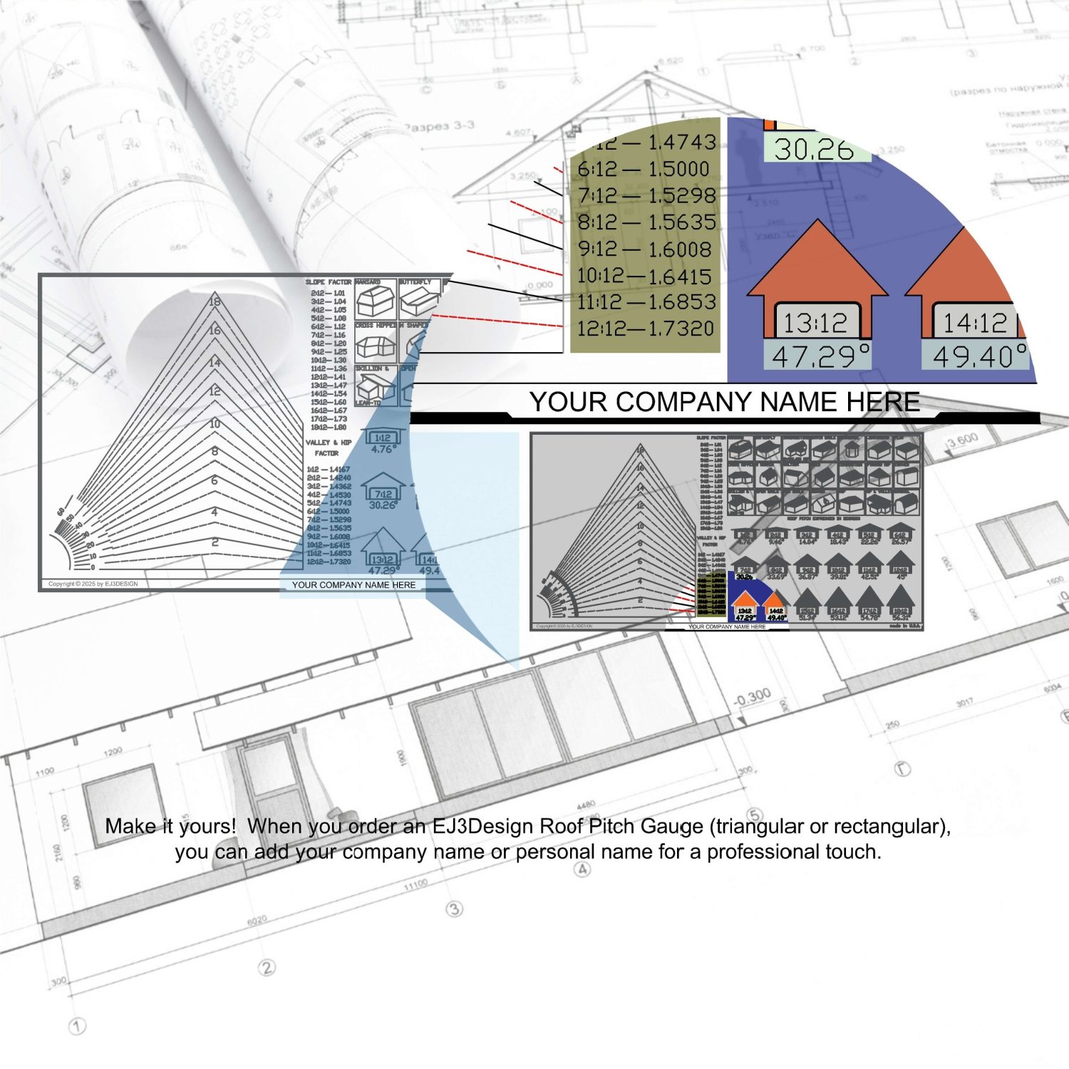 Roof Pitch Gauge, EJ3Design roof measurement report with accurate roof, wall, and gutter dimensions for contractors and homeowners.