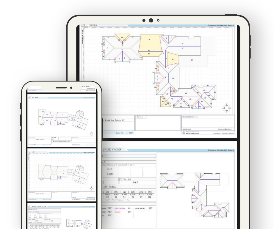 EJ3Design roof measurement report with accurate roof, wall, and gutter dimensions for contractors and homeowners.