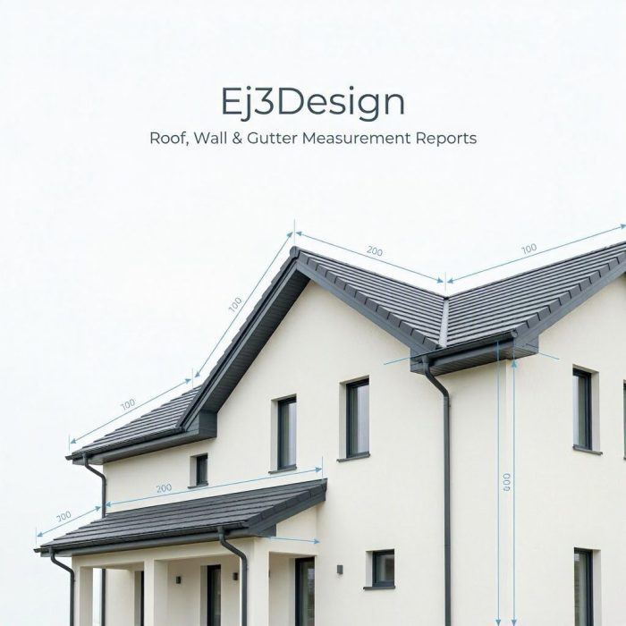 EJ3Design roof measurement report with accurate roof, wall, and gutter dimensions for contractors and homeowners.